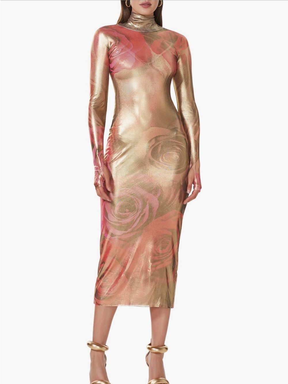 AFRM Metallic Gold and Coral Rose Turtleneck Long Sleeve Dress